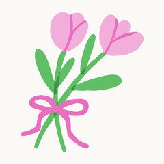 Flat vector illustration of pink tulip flower bouquet tied with ribbon bow and green leaves on light background.
