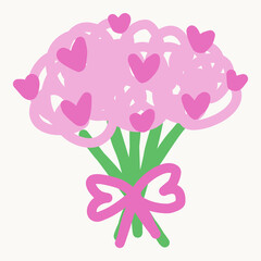 Flat vector illustration of pink flower bouquet arranged in heart shape and tied with ribbon bow on light background.