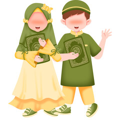 Cute Muslim children cartoon holding holy books, celebrating Islamic education and culture, isolated illustration.