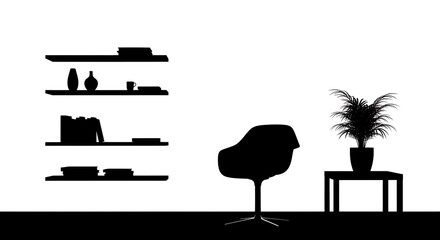 Minimalist black and white silhouette of a modern living room setup
