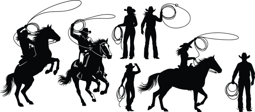 Black cowboy silhouette vector set, rodeo rider on horse with lasso, western cowgirl ranching collection isolated on white background, bundle,