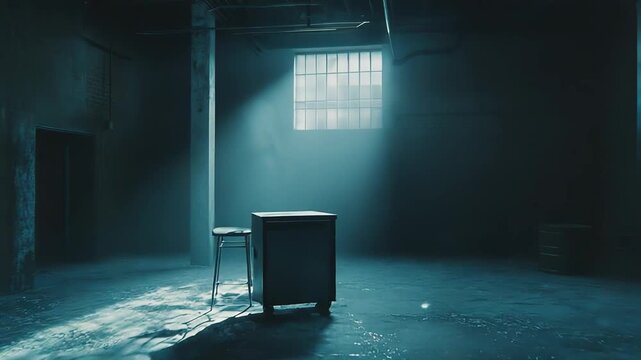 Abandoned industrial space in a dark basement receiving a single beam of light falling on a small table and stool, conveying feelings of mystery and isolation