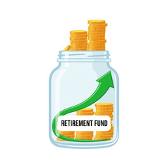 Retirement fund jar with coins and green arrow