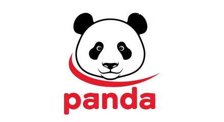 Panda bear logo with red curved line and text