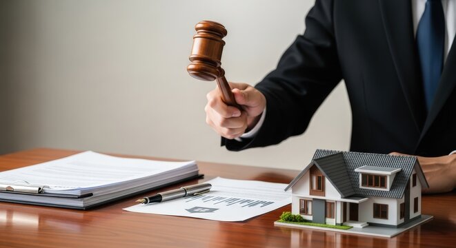 Businessman holding gavel over house model and documents on desk