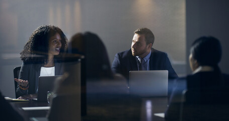Laptop, woman or team with meeting in boardroom for financial review, budget approval or feedback....