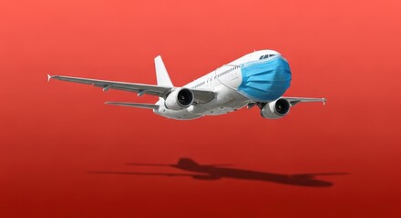 Airplane flying in the sky with red background