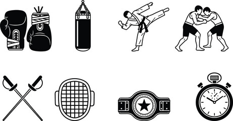 Combat sports icons, boxing gloves, punching bag, karate gi, high kick, wrestling grappling, fencing swords, fencing mask, championship belt, stopwatch, flavector © MdMasud
