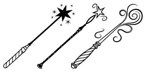 Four beautifully designed magic wands with various decorative elements and star accents Vector ©  MST RABEYA  BEGUM