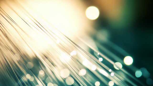 Fiber optic cables transmitting light and information through a network, creating a dynamic abstract background with glowing bokeh effects across the scene