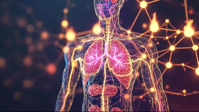 Futuristic illustration of human anatomy with glowing organs.