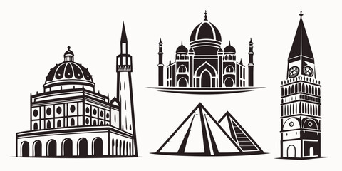 Iconic landmarks and structures from around the world in black and white. Vector ©  MST RABEYA  BEGUM