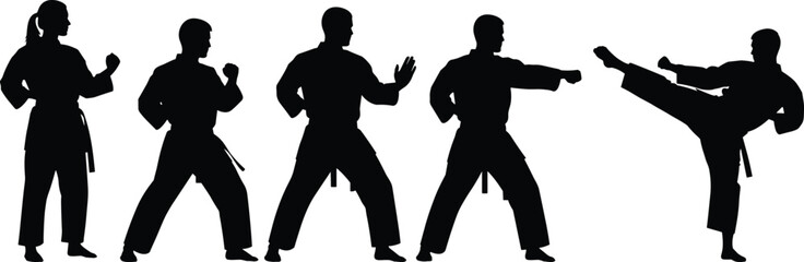 Martial arts silhouettes, karate gi, defensive stance, punching pose, high kick, combat training, discipline, fitness, sport, teamwork, flavector © MdMasud