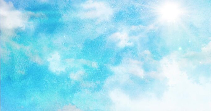 太陽の光が降り注ぐ水彩風の青空