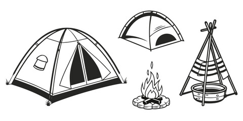 A variety of camping tents and equipment set against a white background Vector ©  MST RABEYA  BEGUM