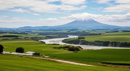 A serene landscape with a winding river and snow-capped mountain