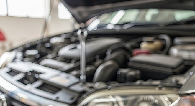 Blurred Car Engine Bay with Open Hood in a Repair Shop.