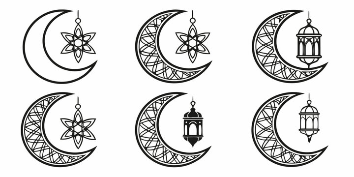 A collection of six different crescent moon and star symbols from various cultures and religions Vector