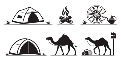 Illustrations of camping, wildlife, and adventure activities in a desert setting Vector ©  MST RABEYA  BEGUM