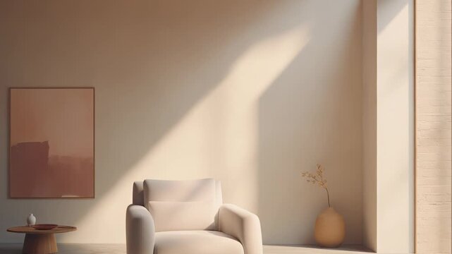 Minimalist interior featuring a comfortable armchair, coffee table, and abstract painting, bathed in natural sunlight creating elegant shadows and a serene atmosphere