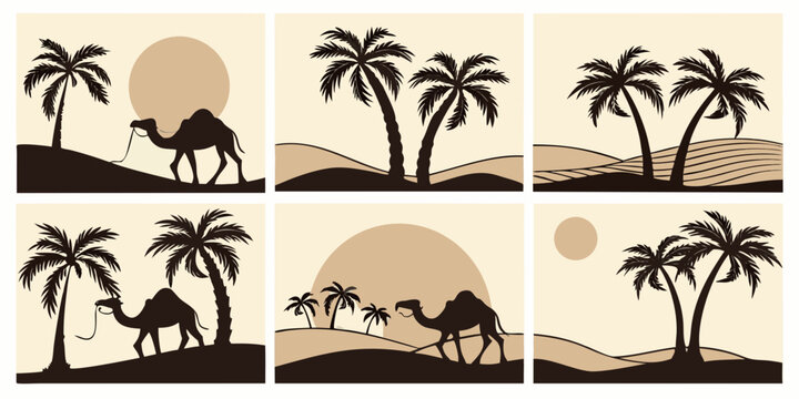 A serene tropical beach scene with palm trees and a sunset Vector