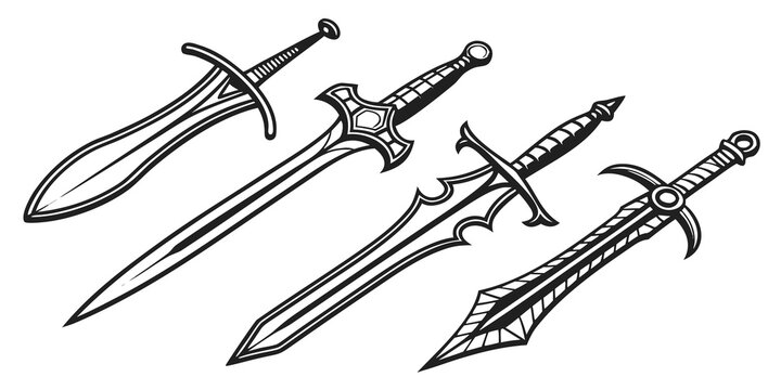 A collection of various medieval swords with intricate designs and sharp blades Vector