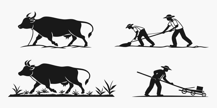 Historical depictions of agriculture with oxen and human laborers Vector