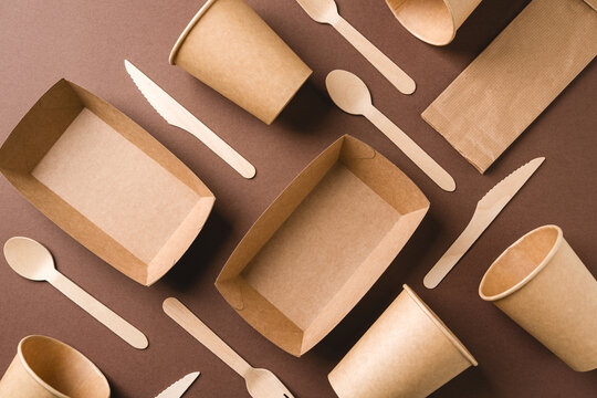 Sustainable takeaway packaging layout with wooden cutlery