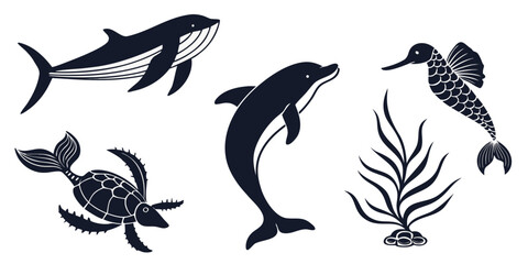 Obraz premium Diverse aquatic creatures showcasing marine life and prehistoric reptiles Vector