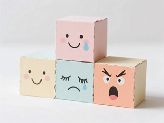 Obraz premium Colorful Emotion Cubes with Cartoon Facial Expressions on White Background for Kids Emotional Learning and Creative Education
