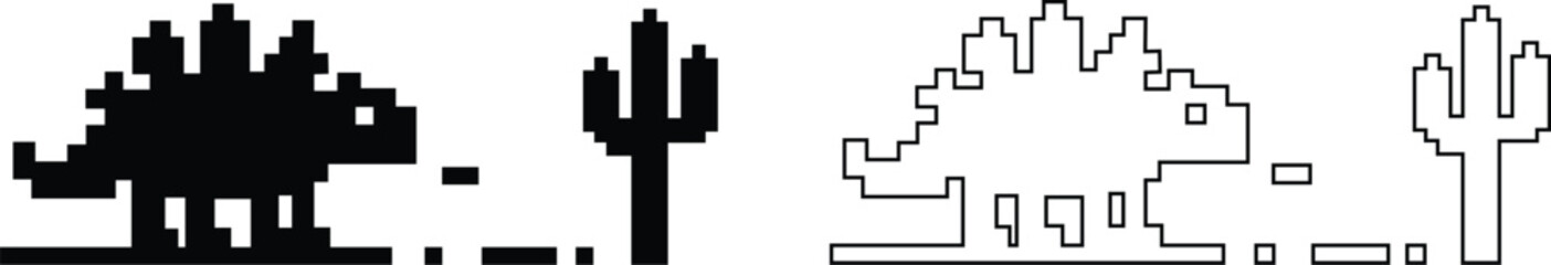 Dinosaur pixel icons set retro game style vector silhouettes and outline illustrations, prehistoric animals, desert cactus scene, isolated design element collection group © WaQar
