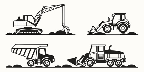 Four different types of construction vehicles in black and white Vector ©  MST RABEYA  BEGUM