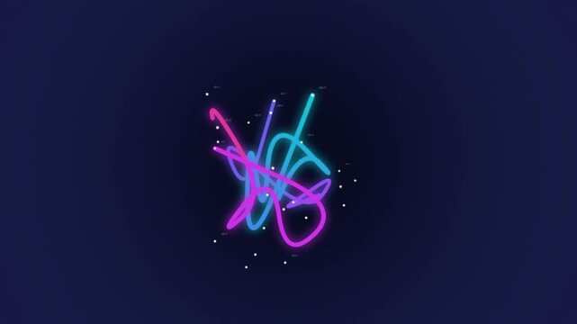 Abstract neon scribble animation with glowing colorful lines and digital data points on dark blue background