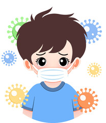 A young boy wearing a mask surrounded by viruses in a public environment from a close-up viewpoint