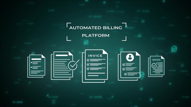 Automated billing platform concept illustrated with simplified document and financial data on a dark teal digital background with abstract glowing patterns