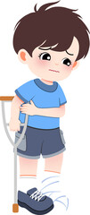 Fototapeta premium A young boy with a wounded leg stands on crutches, experiencing pain and discomfort, viewed from the front, in a simple graphic illustration style