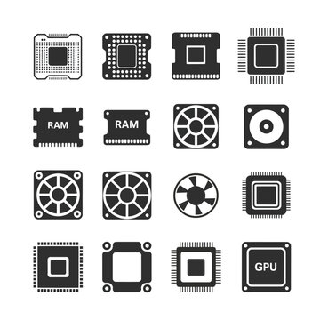 pc hardware silhouette icon collection, cpu chip ram memory gpu card and cooling fan minimal vector illustration.