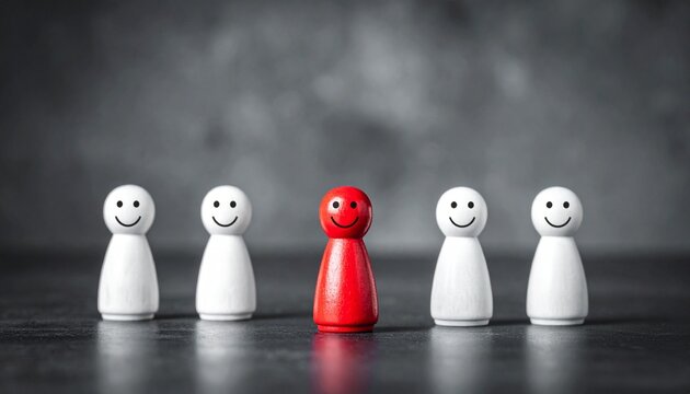 Wooden figurines in a row with one red standout