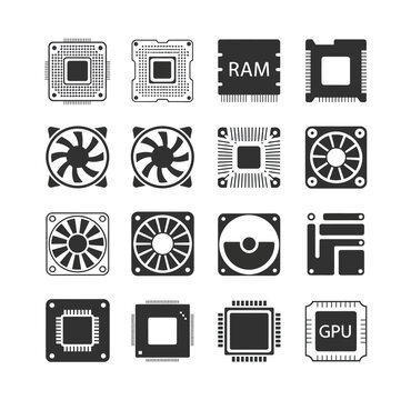 collection of stylized computer hardware icons, cpu ram gpu and cooling fan components silhouette vector set.