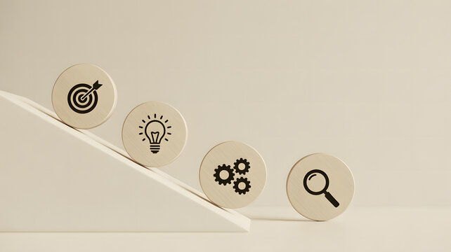 Wooden tokens with icons of target, light bulb, gears, and magnifying glass rolling in sequence on slope, symbolizing workflow, problem solving, and business strategy