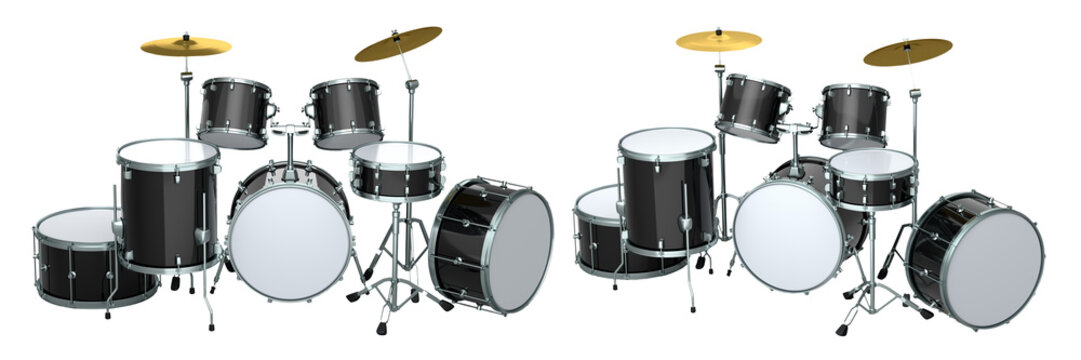 Set of realistic drums with metal cymbals or drumset on white background