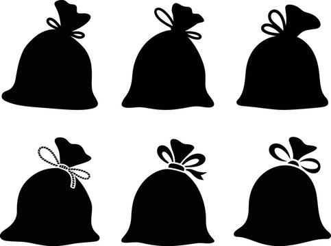 Six black bags with tied tops arranged in two rows