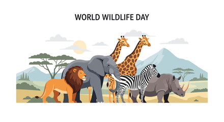 Illustration of various endangered animals including an elephant, giraffes, zebra, lion, and rhino standing together in a savannah landscape for World Wildlife Day with a nature-inspired © Rizki