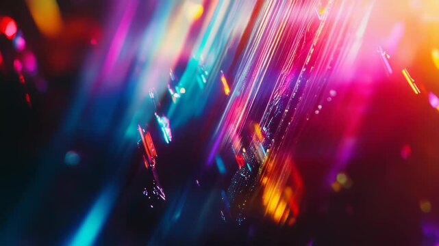 Bright multi colored light streaks creating a vibrant glowing abstract pattern, conveying movement, energy, and digital technology concepts in a futuristic background