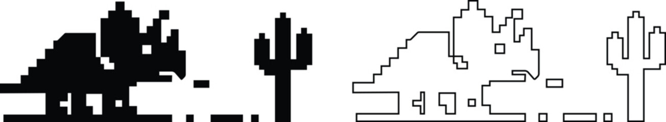 Dinosaur pixel icons set retro game style vector silhouettes and outline illustrations, prehistoric animals, desert cactus scene, isolated design element collection group © WaQar
