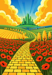 Naklejka premium Whimsical vector illustration of a winding yellow brick road through emerald hills toward a distant fantasy castle