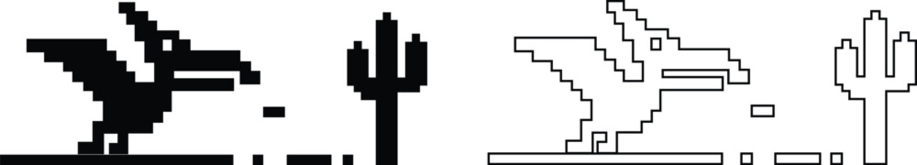 Dinosaur pixel icons set retro game style vector silhouettes and outline illustrations, prehistoric animals, desert cactus scene, isolated design element collection group © WaQar