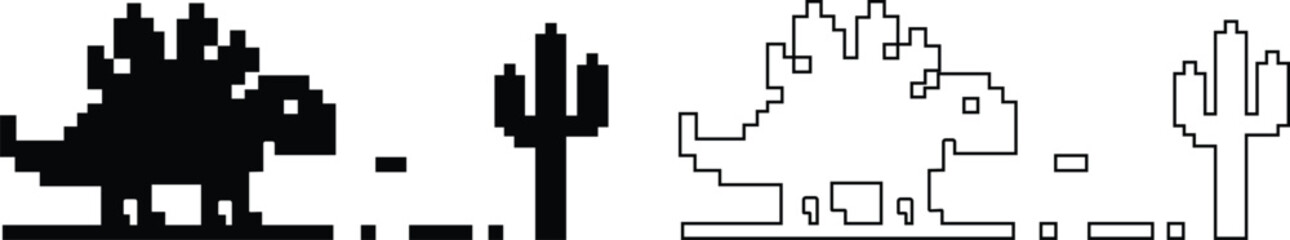 Dinosaur pixel icons set retro game style vector silhouettes and outline illustrations, prehistoric animals, desert cactus scene, isolated design element collection group © WaQar