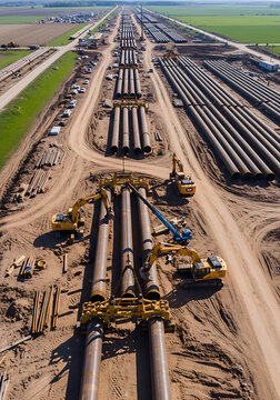 Aerial View of Large Diameter Steel Pipeline Construction Site Under Sunny Sky &ndash; Energy Infrastructure Project