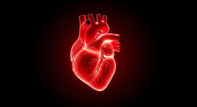 Glowing Red Human Heart Anatomical Illustration Isolated on Black Background.